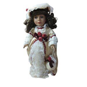 Collector’s Choice Porcelain 12" Doll Cream & Red Victorian Style Dress